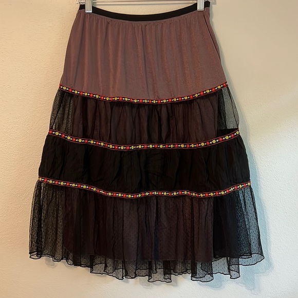 Free People Dresses & Skirts - Free People Long Petticoat Black Grey Red Satin Tiered Mesh Tulle Midi Skirt L